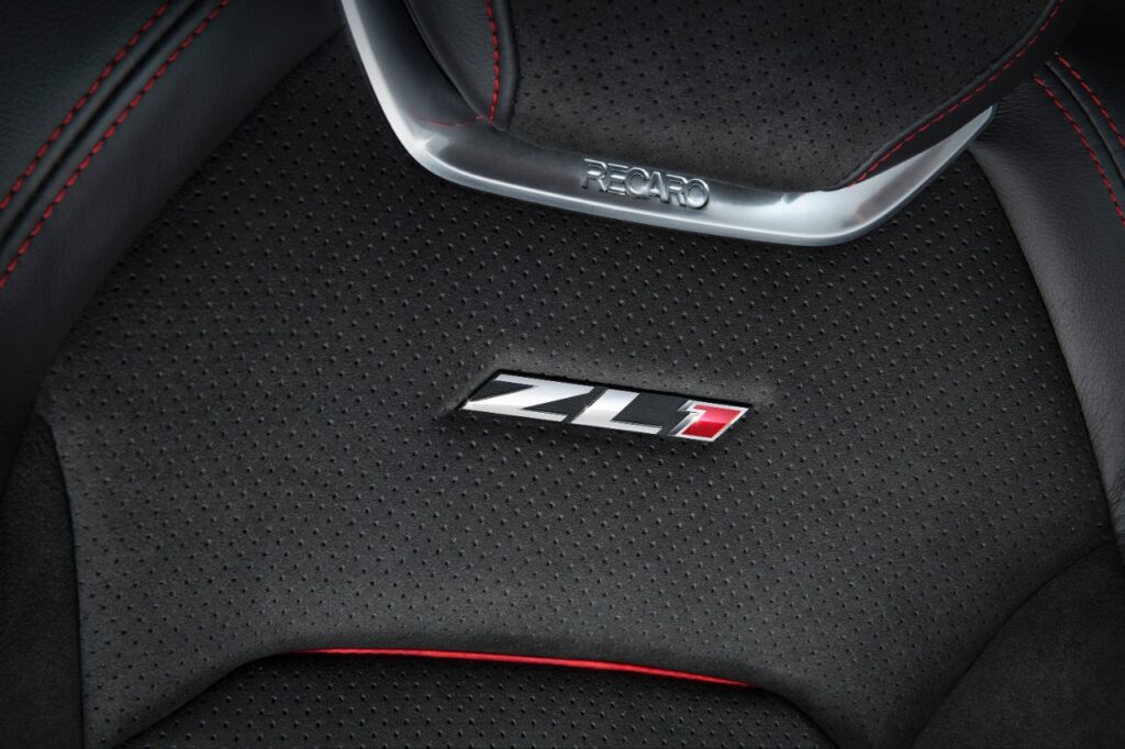The driver-focused interior of the Camaro ZL1 features standard Recaro front seats, along with a sueded flat-bottom steering wheel and shift knob. Chevrolet’s Performance Data Recorder is available, and allows drivers to record, share and analyze driving experiences on and off the track.