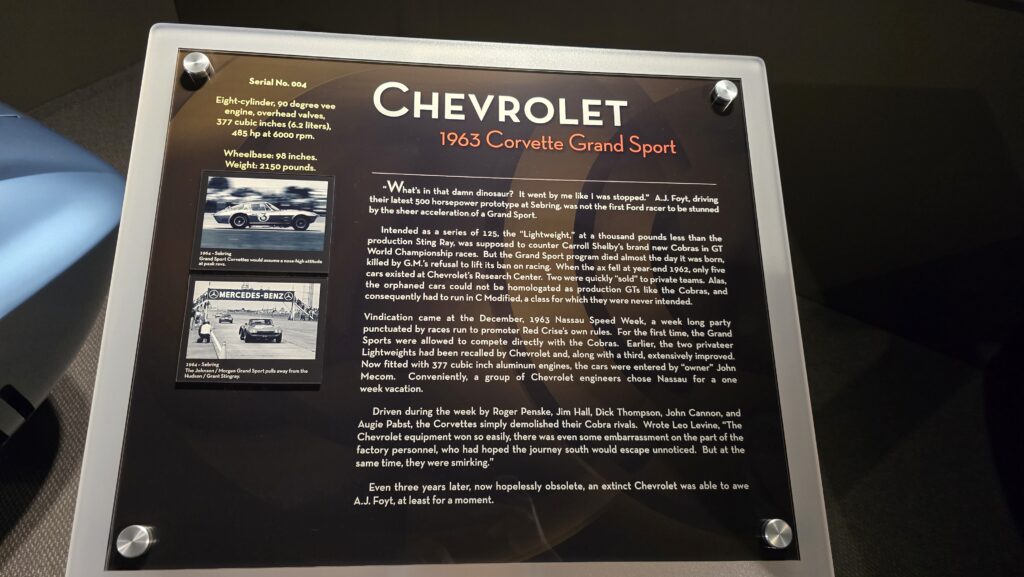 Revs Institute Museum Placard with information about the clandestine development efforts of the 1963 Corvette Grand Sport.